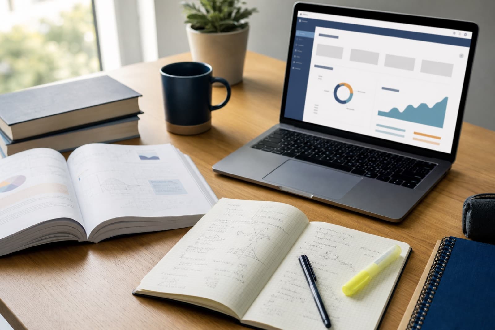 Mesa de estudio universitaria con portátil, cuaderno y apuntes para planificar el aprendizaje con inteligencia artificial