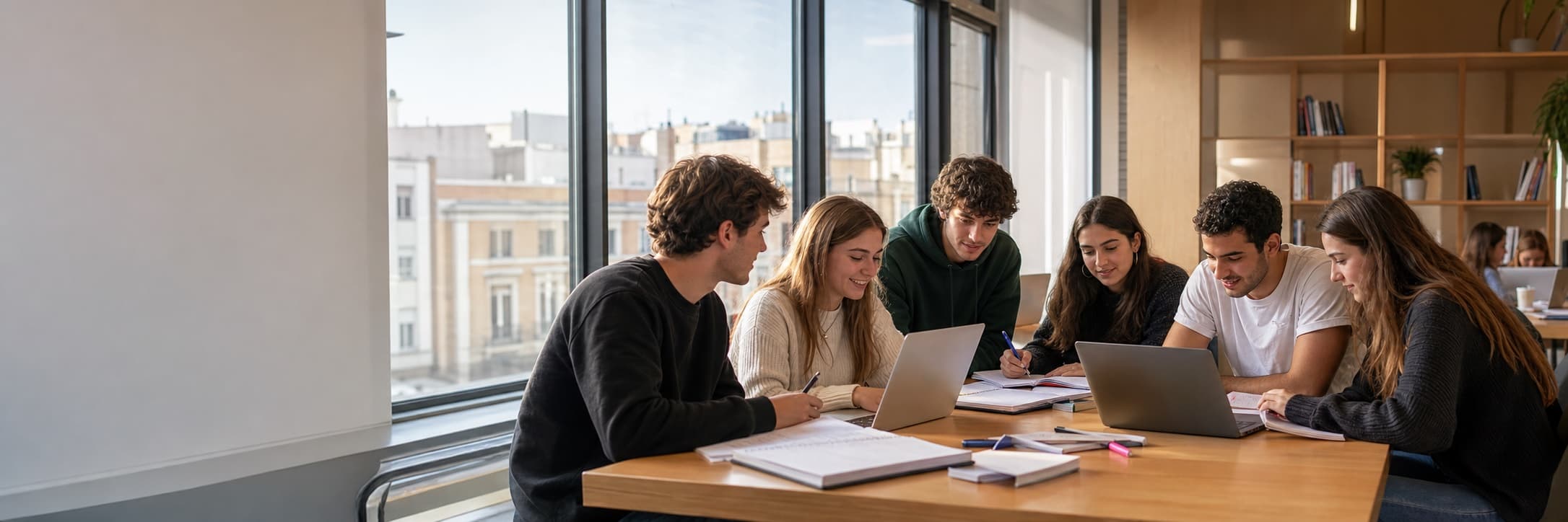 Estudiantes universitarios trabajando juntos en un espacio de estudio de Madrid