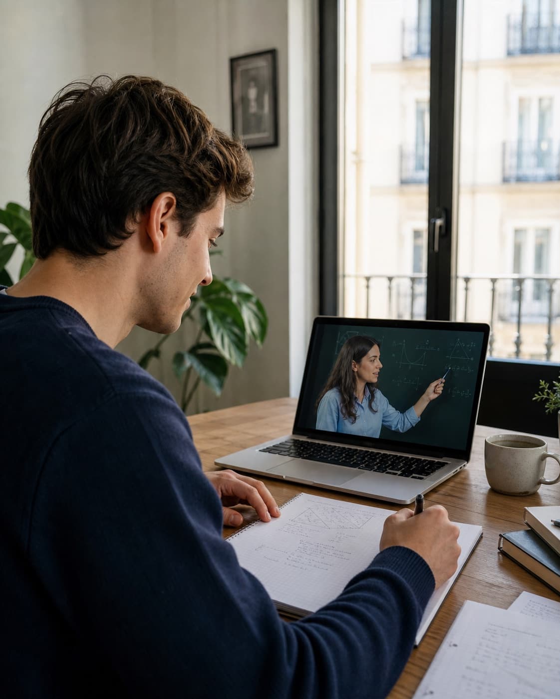 Estudiante universitario siguiendo una tutoría online personalizada desde Madrid